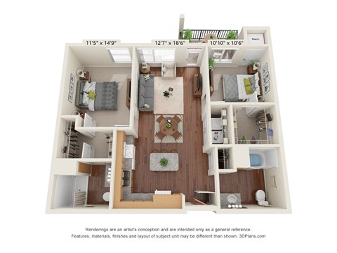 Floor plan for 2 beds, 2 baths, 1049 sqft